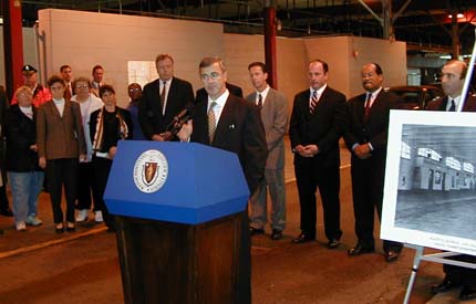 Gov. Paul Cellucci at Fields Corner station in Sept. 2000: Republican governor announced plans to rebuild Dot's crumbling MBTA stops. Photo by Bill Forry
